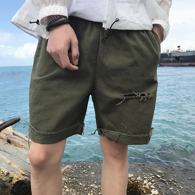 个性夏款日系简约做旧毛边水洗破洞短裤男生休闲裤工装五分裤子潮