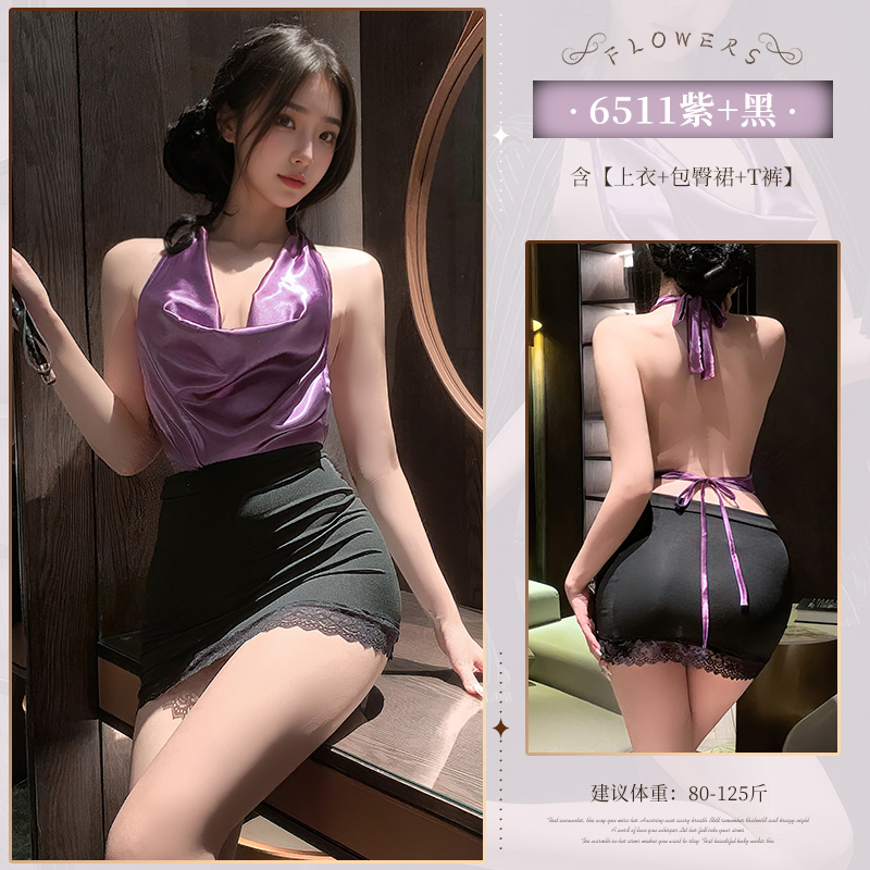 霏慕禁欲秘书荡领裸背制服套装包臀短裙性感情趣内衣女式衣服6511 白色【睡裙+T裤】7757 均码