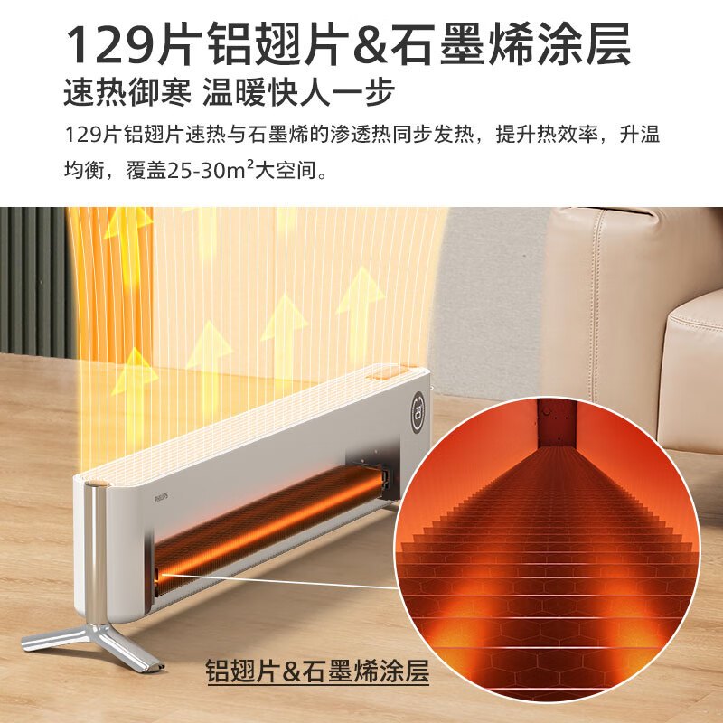 飞利浦(PHILIPS)石墨烯踢脚线取暖器家用暖风机电暖器电暖气片全屋对流移动地暖浴室防水烘衣机 AHR4146WKS