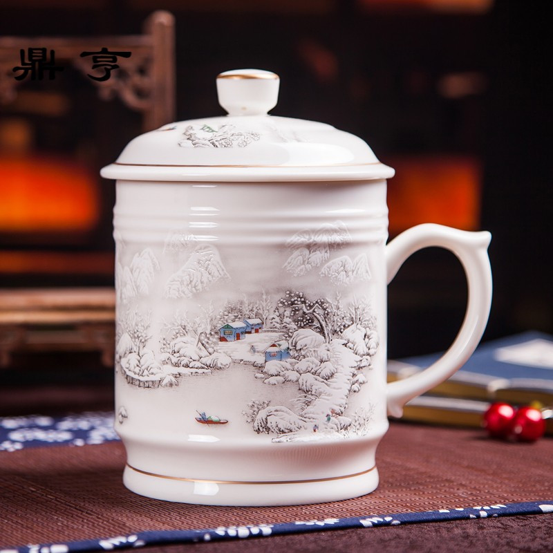 鼎亨带盖茶杯陶瓷办公杯景德镇大号水杯子大码马克杯青花瓷器1000
