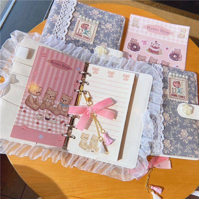 可爱少女心活页套装日系本子女生日记玫瑰手帐本布艺蕾丝边笔记本