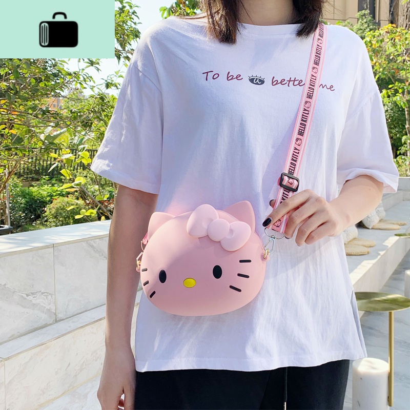 日韩女包新款学生可爱卡通零钱包情侣少女斜挎背包潮牌儿童粉包包NEW LAKE 大号粉Kity+有图案长绳子