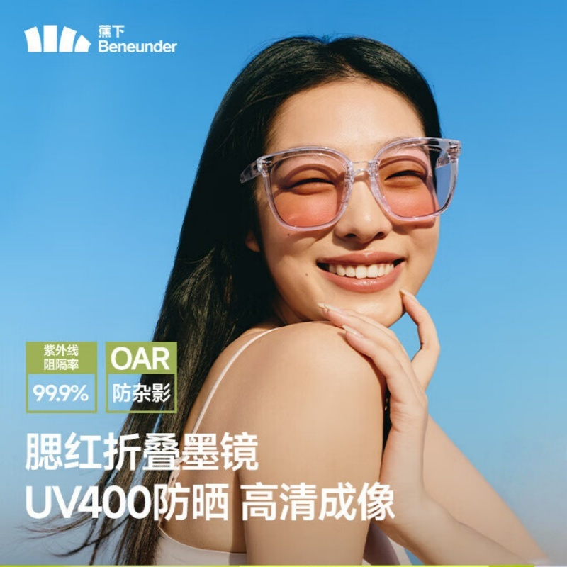 蕉下(beneunder)经典透野方圆大框墨镜男女可折叠开车FD421 透明镜框+粉色渐变镜片