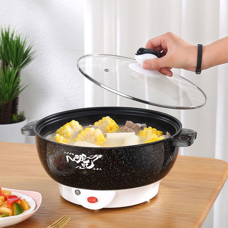 家用大容量电煮锅学生宿舍煮方便面锅电火锅多功能电热锅蒸炒一体|粉红色 22CM双层带蒸笼图片