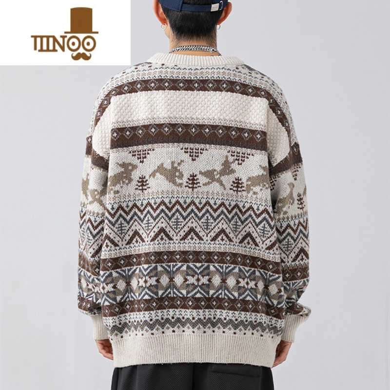 YANXU新款潮牌费尔岛复古男宽松休闲毛衣潮流套头提花针织衫线衣高清大图