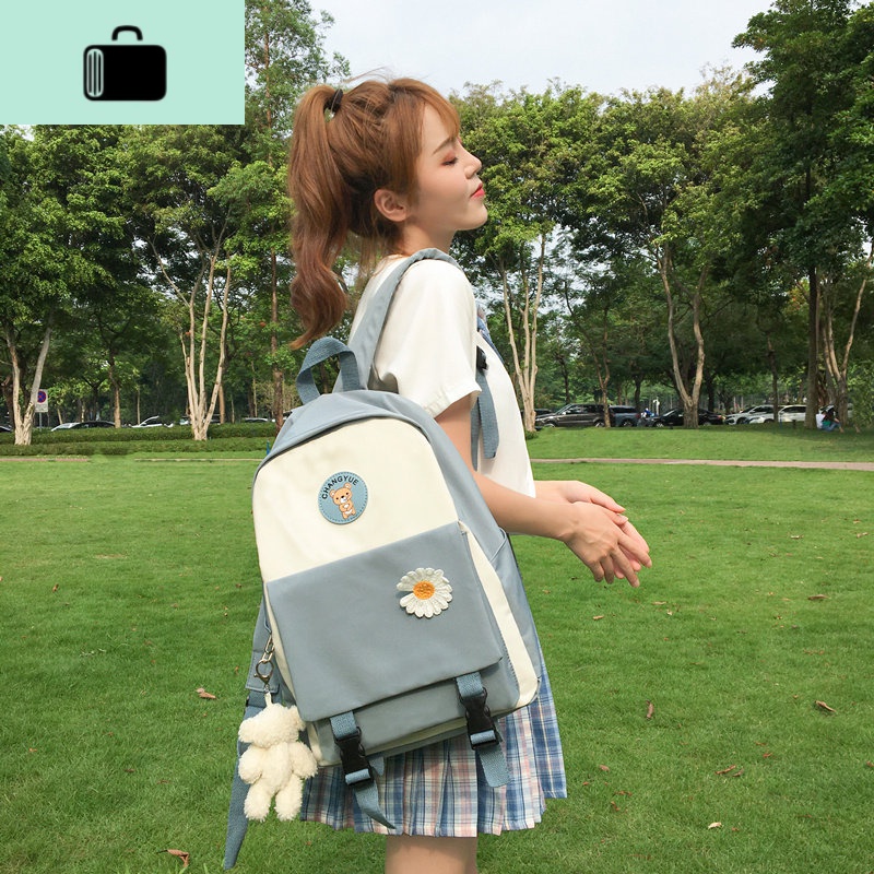 百搭双肩包女2020新款少女生背包高中生大学生初中生书包女中学生NEWLAKE 蓝色【带挂饰】