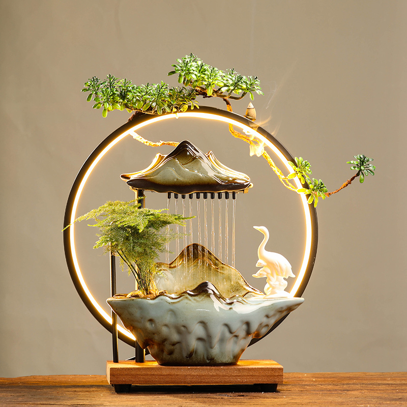 循环流水摆件禅意生财家居灯圈客厅办公室加湿器桌面造景开业礼品feng