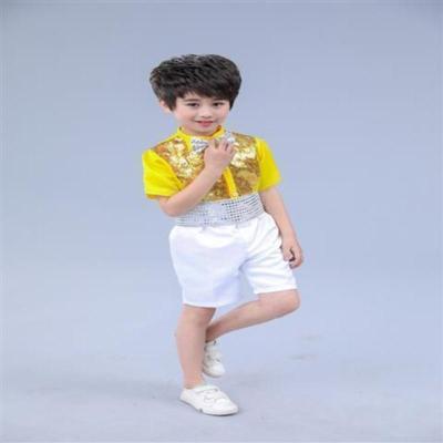 男款新款亮片短袖 110cm 儿童演出服女童合唱服幼儿园跳舞蓬蓬裙黄色亮片纱裙舞蹈表演服装