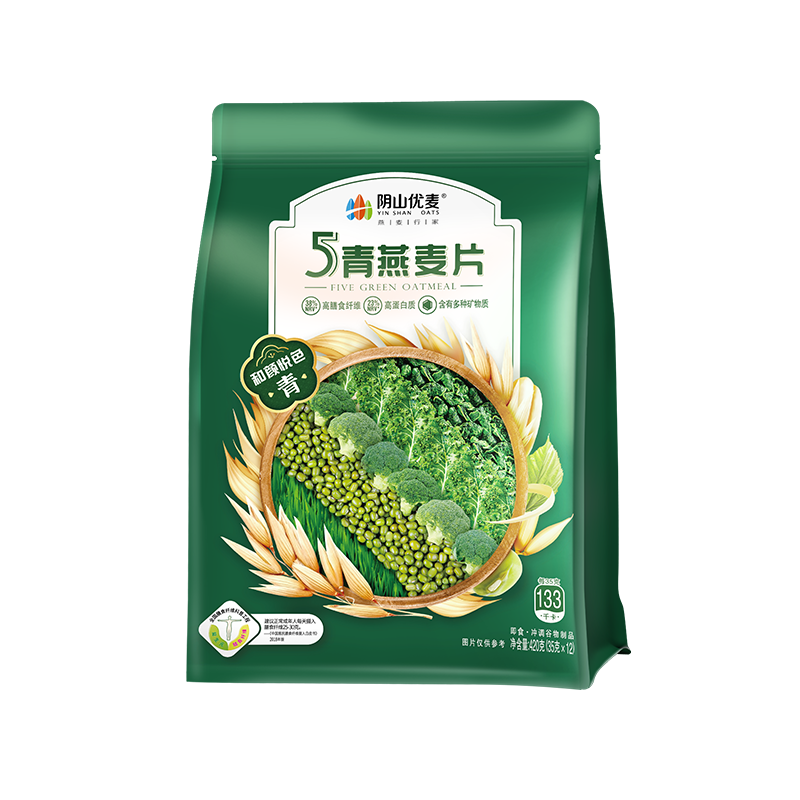 阴山优麦5青燕麦片420克(35克×12)冲泡即食燕麦片营养早餐西兰花大麦苗桑叶绿豆羽衣甘蓝混合燕麦片