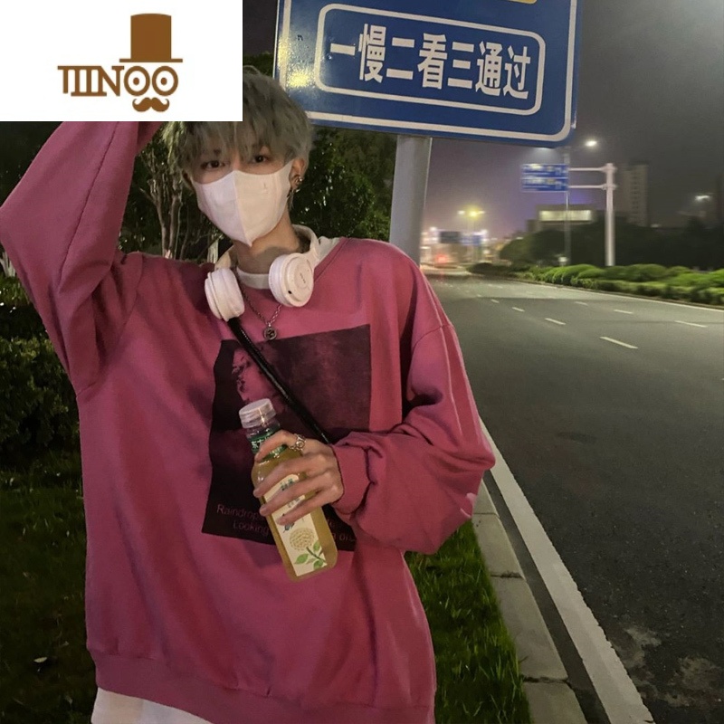 YANXU粉色美式复古圆领卫衣男款潮牌oversize小众情侣装外套高清大图