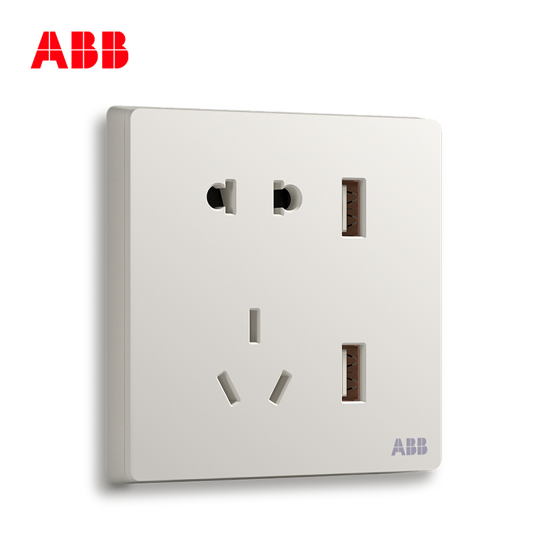 ABB开关插座无框轩致雅典白墙壁86型插座面板双USB五孔插座AF293