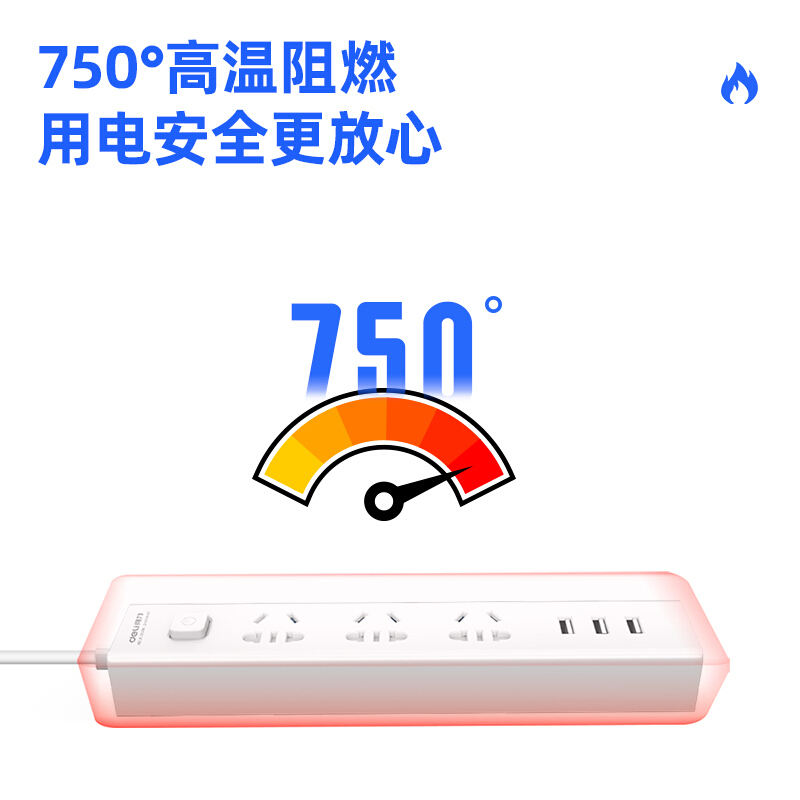 得力18288 USB插座插排接线板3USB接口+3孔总控1.8米白 1只/装