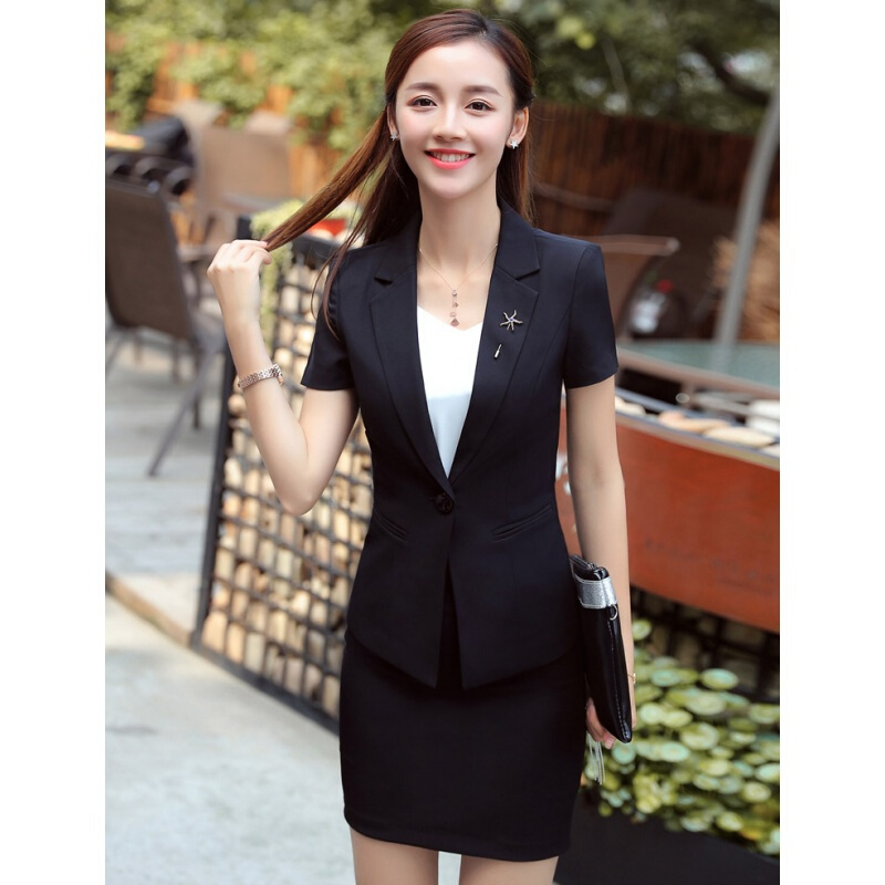 夏季短袖西装女装职业装修身职业套装商务两件套面试装工作服正装黑色黑色外套+裙子