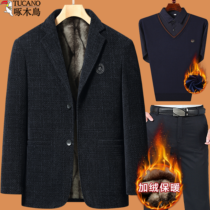 啄木鸟爸爸冬装外套装中年加绒加厚毛呢子西装男中老年人50岁西爸高清大图
