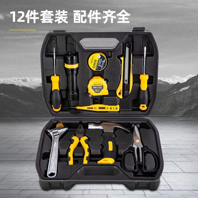 得力(deli)12件套家用多功能五金工具箱手动工具组套 电工维修应急套装卷尺螺丝刀羊角锤扳手维修DL1012