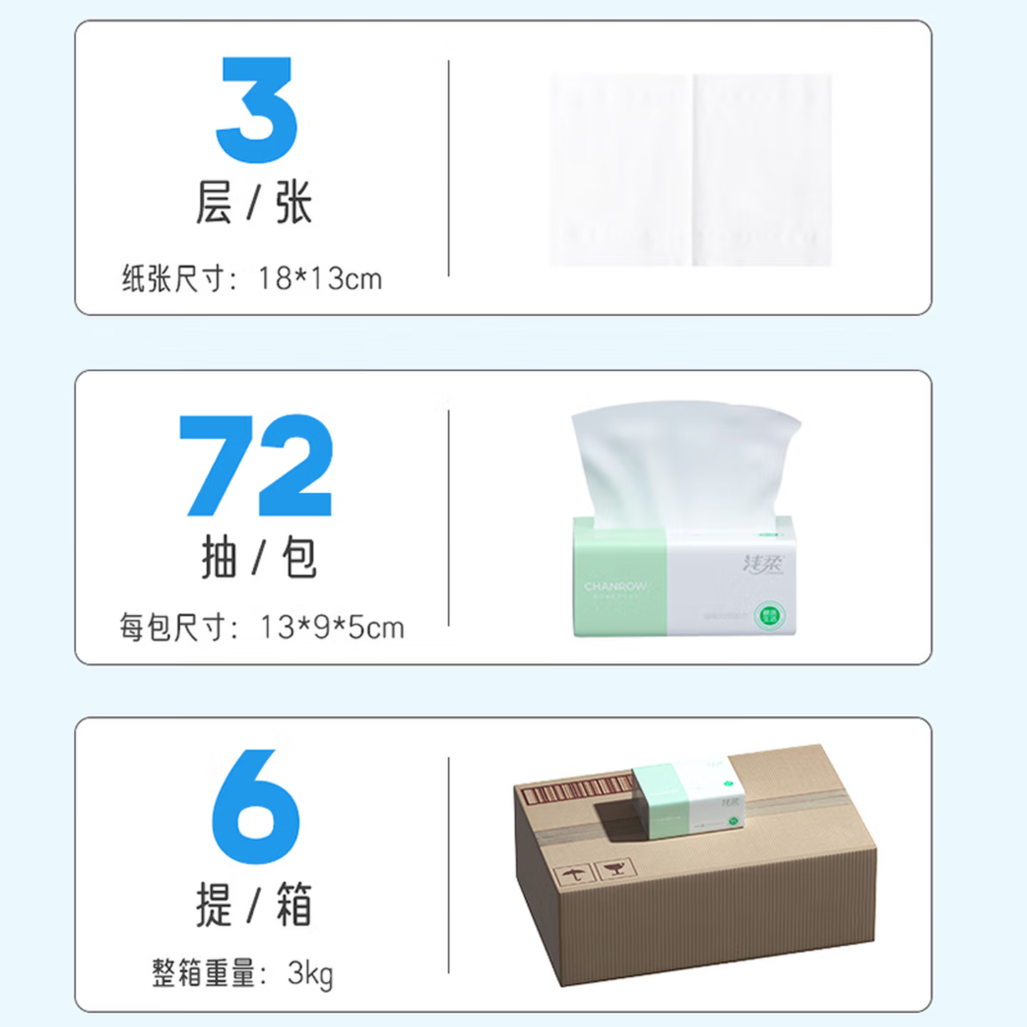 浅柔抽取式面巾纸72抽*4包(3层)216张/包QC0758高清大图
