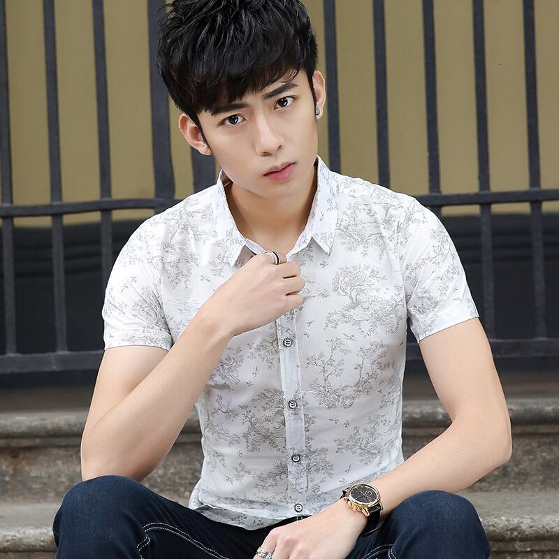 夏季印花短袖衬衫男碎花青年潮流修身韩版学生花衬衣休闲寸衫