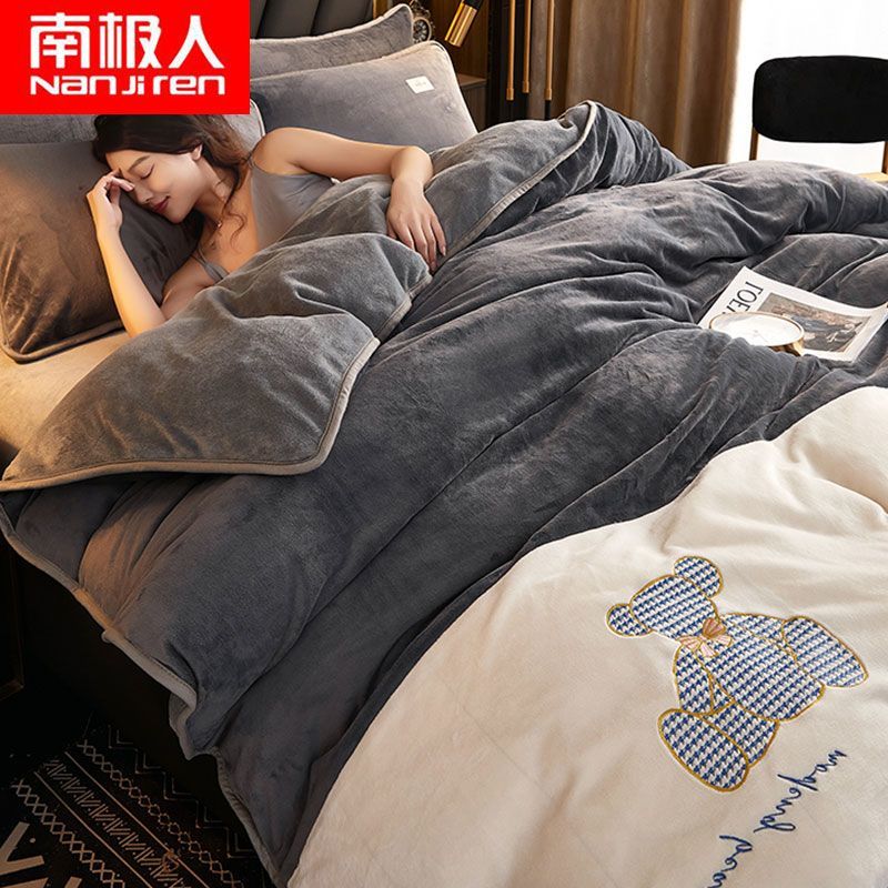 珊瑚绒四件套冬季双面加绒法莱绒三件套床单被套法兰牛奶绒高清大图