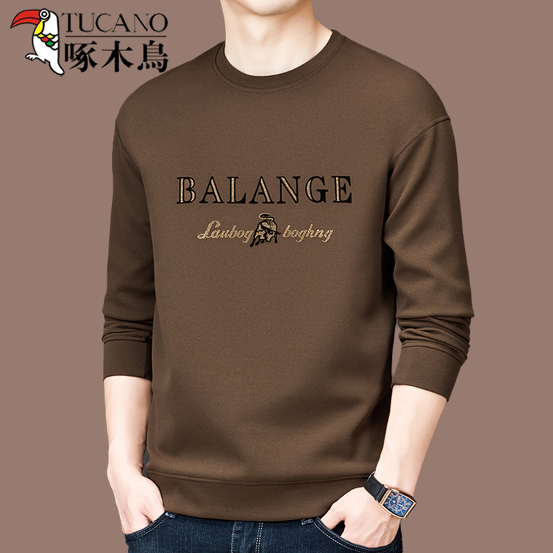 啄木鸟品牌秋冬新款长袖圆领纯棉卫衣男装高档t恤休闲加绒打底底高清大图