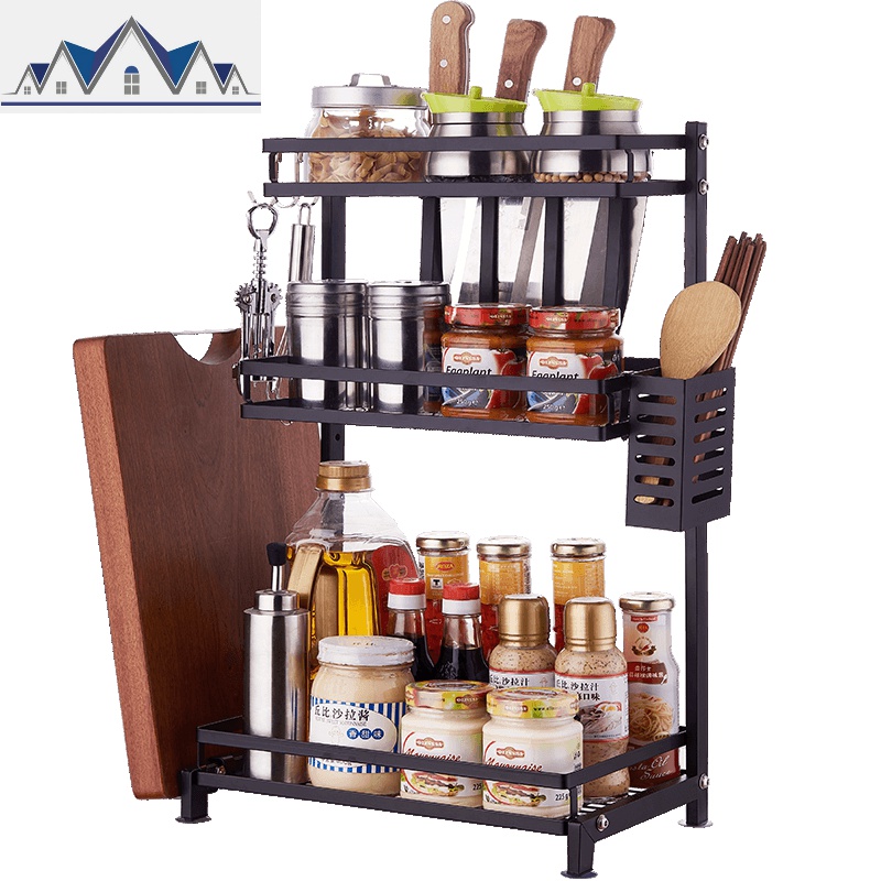 调料置物架落地不锈钢厨房台面收纳架子黑色调味品油盐酱醋免打孔_1_579高清大图