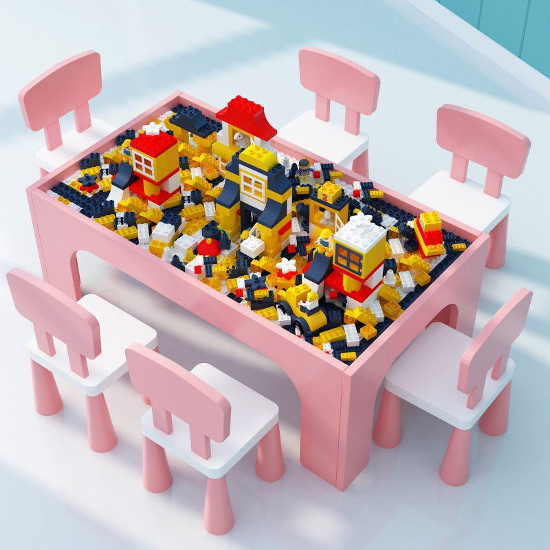 儿童多功能积木桌子男女宝宝拼装玩具积木兼容樂高拼插游戏桌 80粉