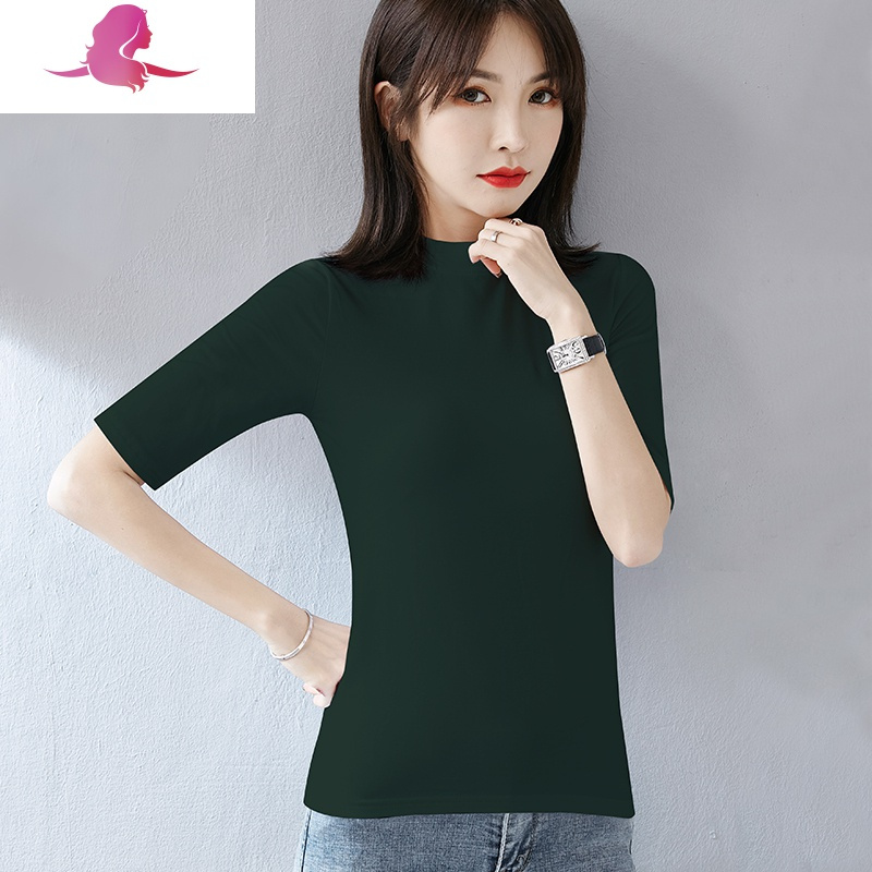 艳如飞白色中袖上衣女七分袖气低领内搭打底衫春秋修身长袖t恤潮t恤