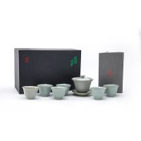 东道 汝窑 青瓷陶瓷套装茶具 莲心茶组 一盖碗六杯 开片可养 天青色