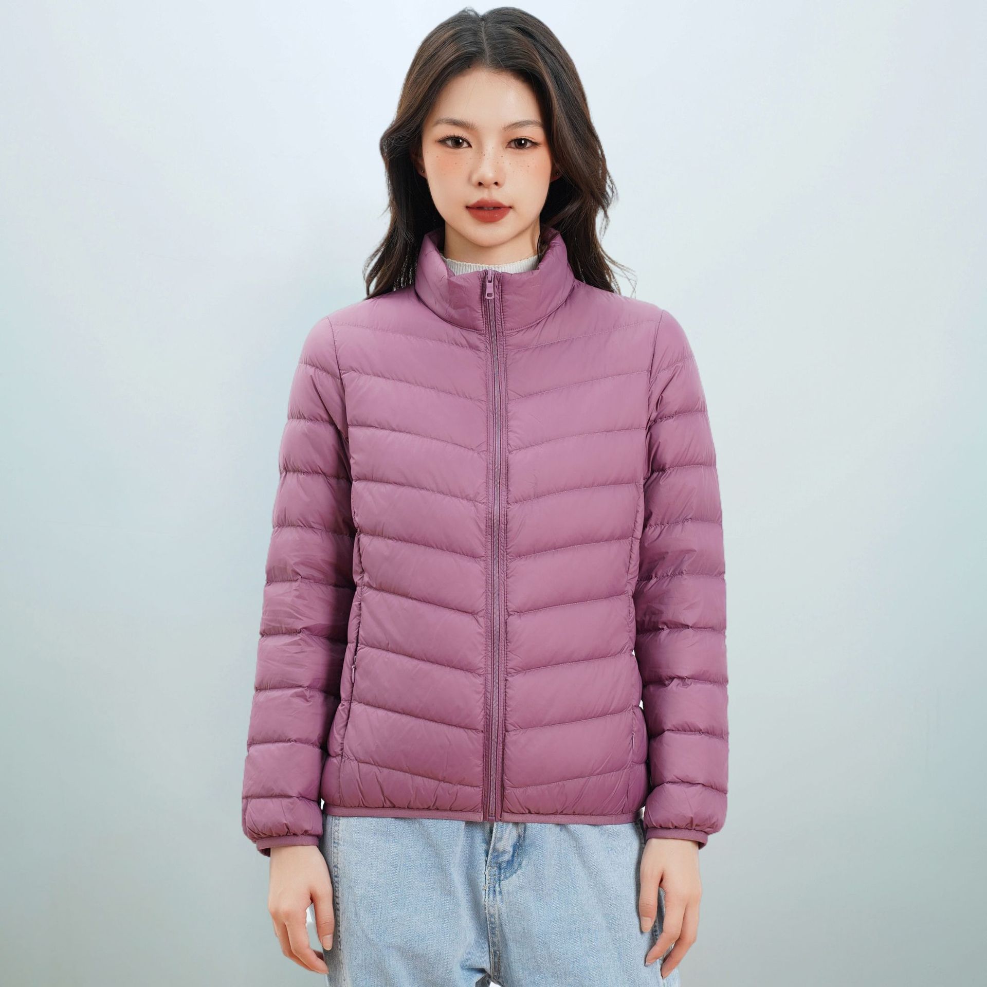 女式新国标90绒简约羽绒纯色女立领女装轻薄款羽绒服女士 格调紫 L