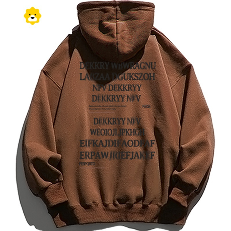 fishbasket设计感复古印花加绒带帽卫衣男秋冬oversize潮牌美式休闲