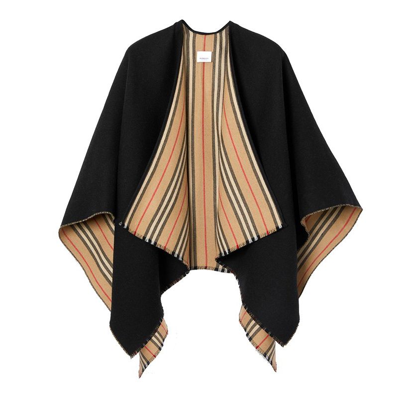 巴宝莉burberry黑色标志性条纹装饰羊毛披肩外套双面斗篷8018496