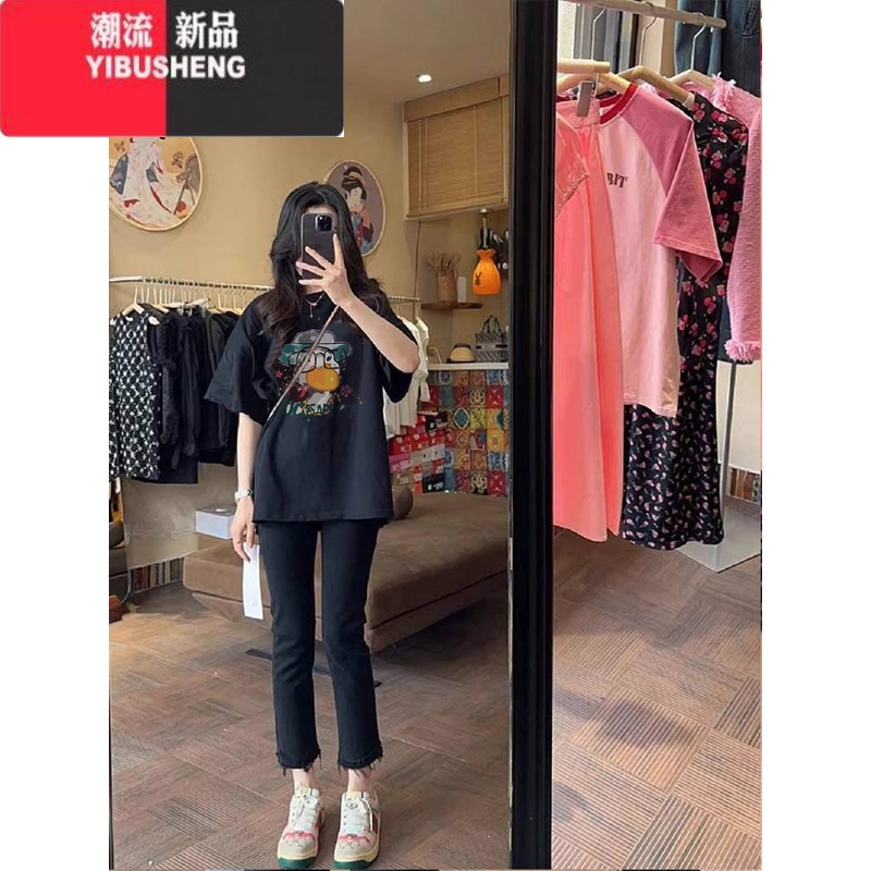 YIBUSHENG韩系穿搭oversize别致印花短袖T恤女季2024新款宽松圆领上衣服高清大图