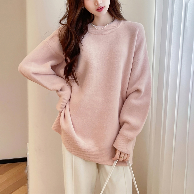 唐狮简约风温柔舒适圆领套头毛衣女新款冬季粉色甜美毛线衫qd
