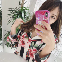 大M和CI 玫瑰花亲子睡衣春秋薄款仿真丝长袖母女款长裤宽松开衫家居服两件套装