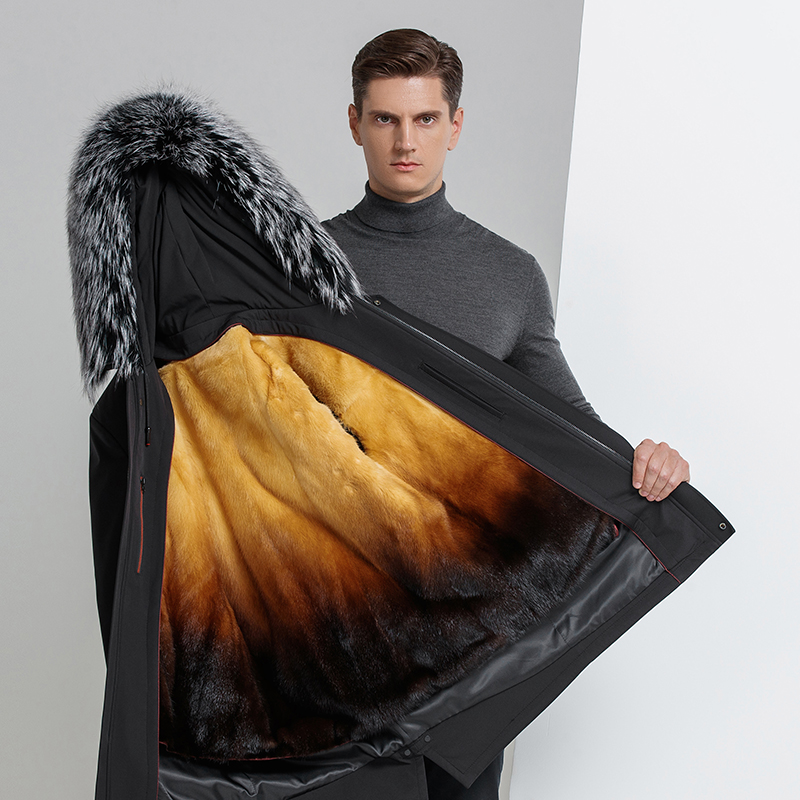[内胆可脱 新年送礼]冬装海宁皮草派克服男水貂内胆狐狸毛领皮草外套男中长款派克服男整貂内胆皮草大衣黄金貂绒男士外套尼克服高清大图