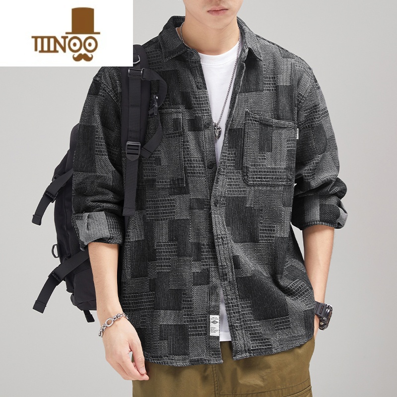 YANXU工装衬衫男长袖新款宽松日系潮牌翻领休闲痞帅牛仔松装休牌高清大图