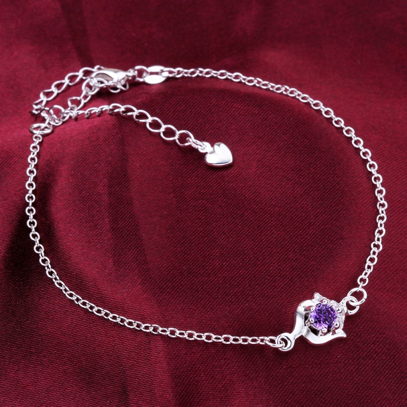 A034 Women Jewelry Silver Anklet 镀银饰品花朵紫锆石脚链女潮送女朋友七夕情人节礼物