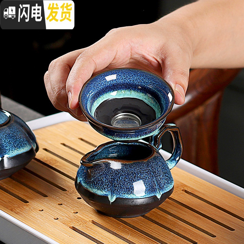 三维工匠建盏茶具套装天目油滴釉拉丝窑变钧窑陶瓷喝茶杯盖碗茶壶旅行日式 14天目茶具10头盖碗白盘