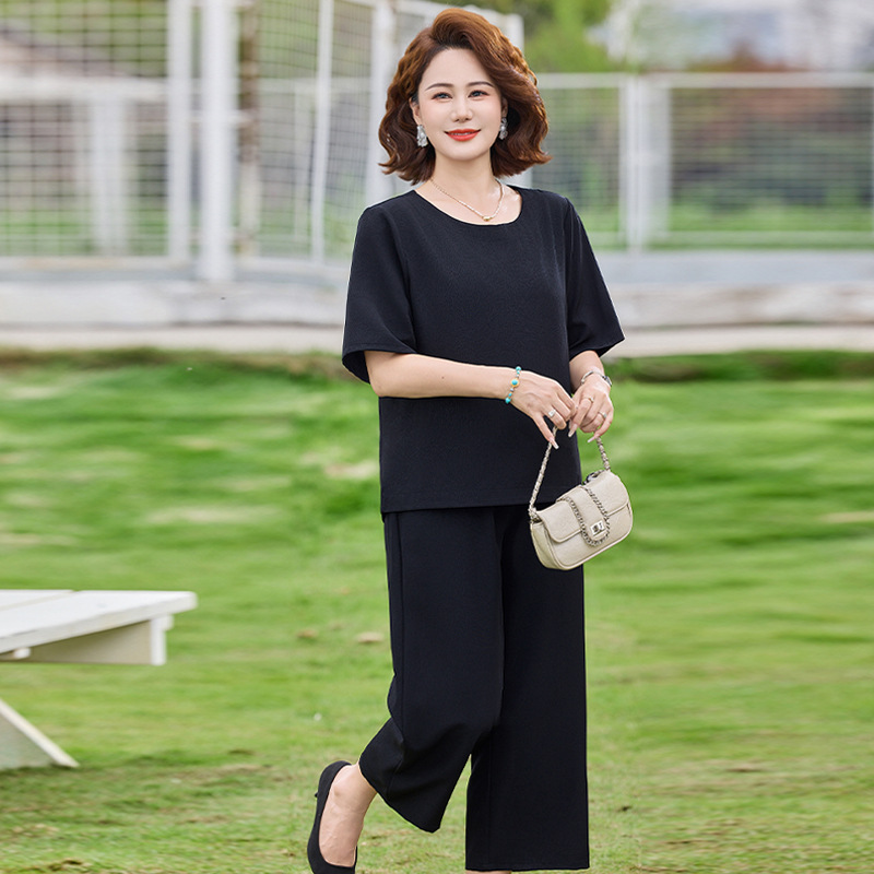 纤孜雅 新中式妈妈装休闲套装洋气中老年女装上衣裤子两件套夏季宽松衣服 黑色 3XL