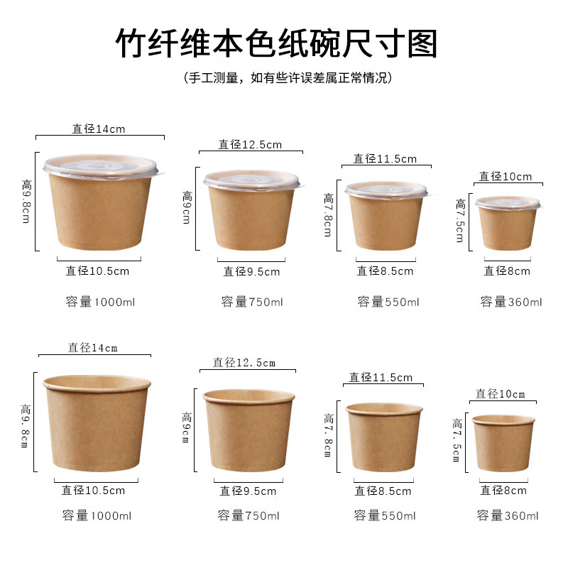 芳草地 一次性竹纤维本色纸碗 1000ml*50只 带盖高清大图