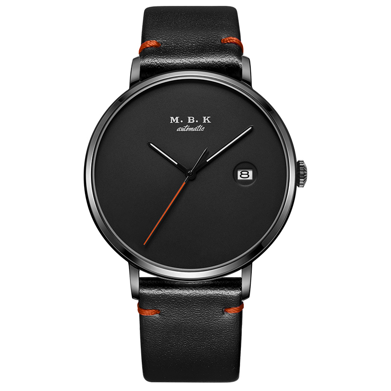 M.B.K美国品牌手表全自动机械表 男士简约潮流小众男表时尚休闲无刻度单日历腕表专柜同款1007-1 黑面皮带
