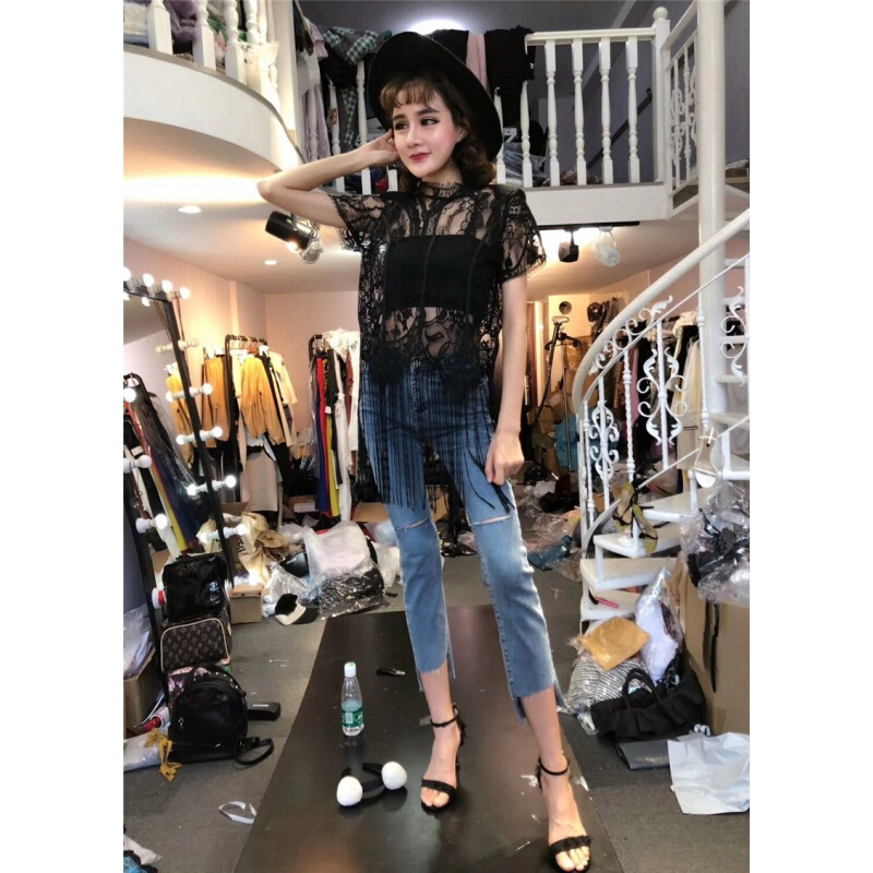 套装女夏2018韩版新款时尚流苏蕾丝上衣+破洞不规则牛仔裤潮