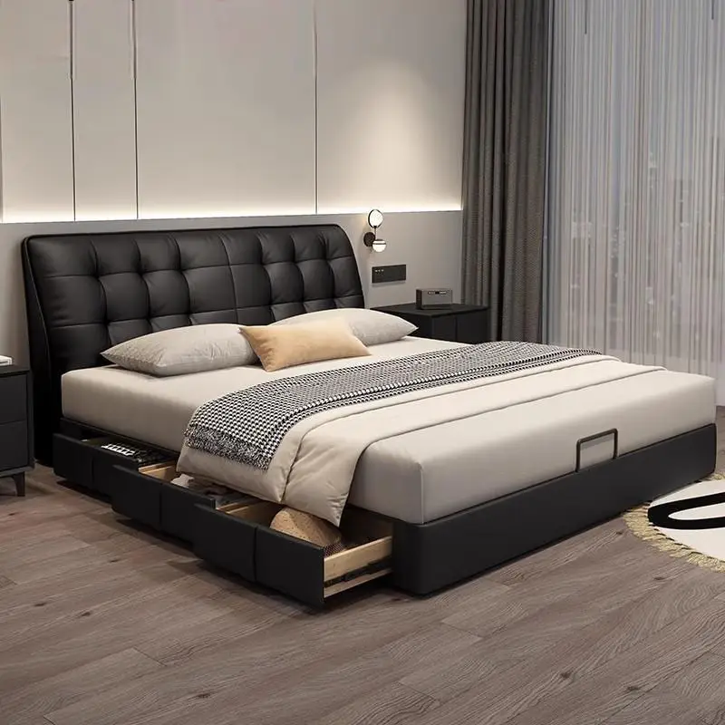 意式真皮床主卧室现代简约双人床小户型家用储物床黑色软包大婚床高清大图