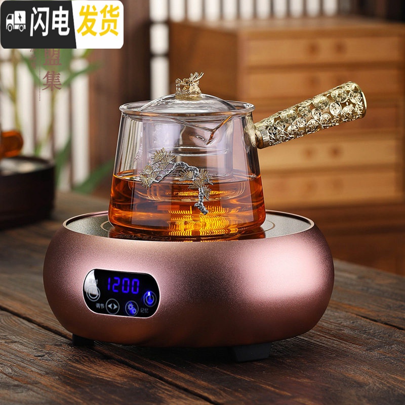 三维工匠烧水壶玻璃茶壶不锈钢过滤加厚家用大容量煮茶壶电陶炉茶具套装 侧把龙壶(800)带花配全自动茶炉(金)高清大图