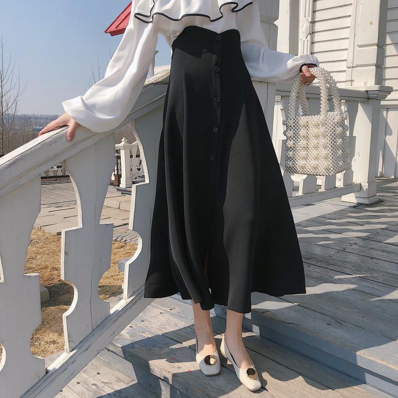 夏装2018新款女风百搭高腰显瘦中长裙气质纯色排扣半身裙伞裙杏色均码