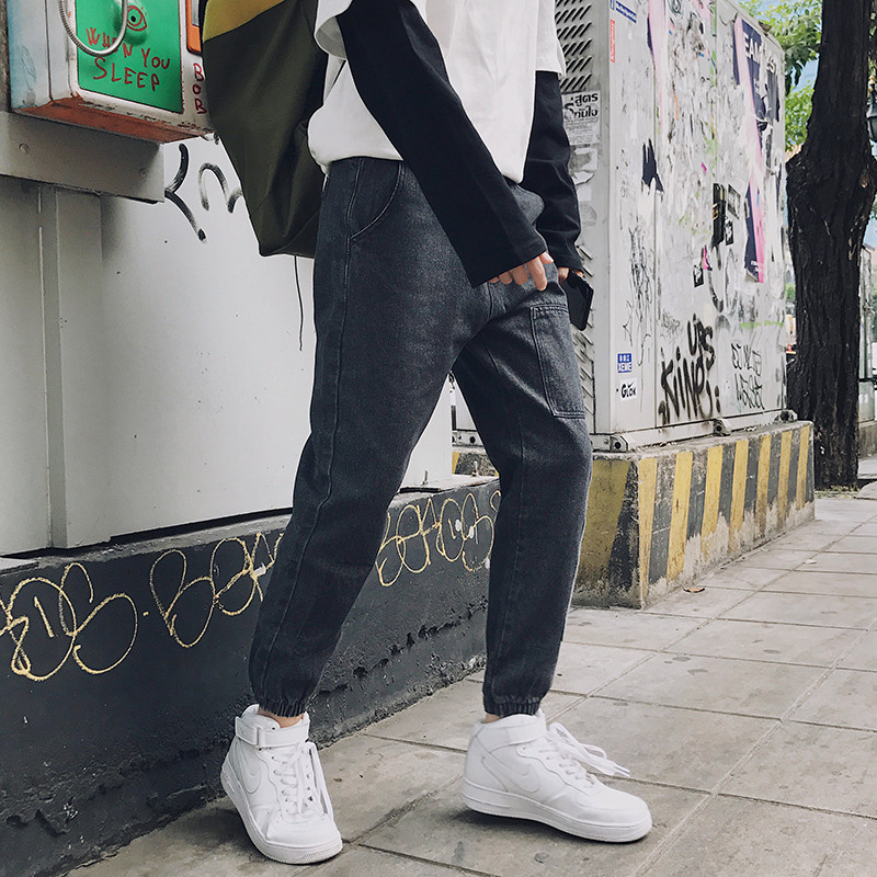 日系复古黑色裤子男韩版时尚收口牛仔裤春夏百搭修身束脚裤小脚裤