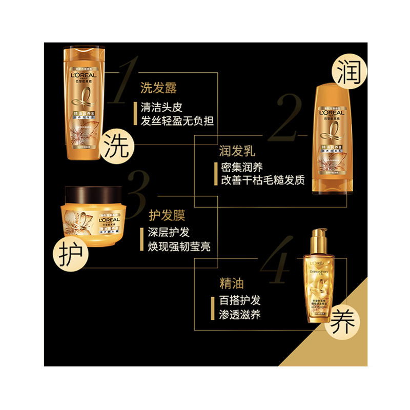 欧莱雅精油润养洗护发套装清洁柔顺500ml*2+随机洗/护100ml*2高清大图