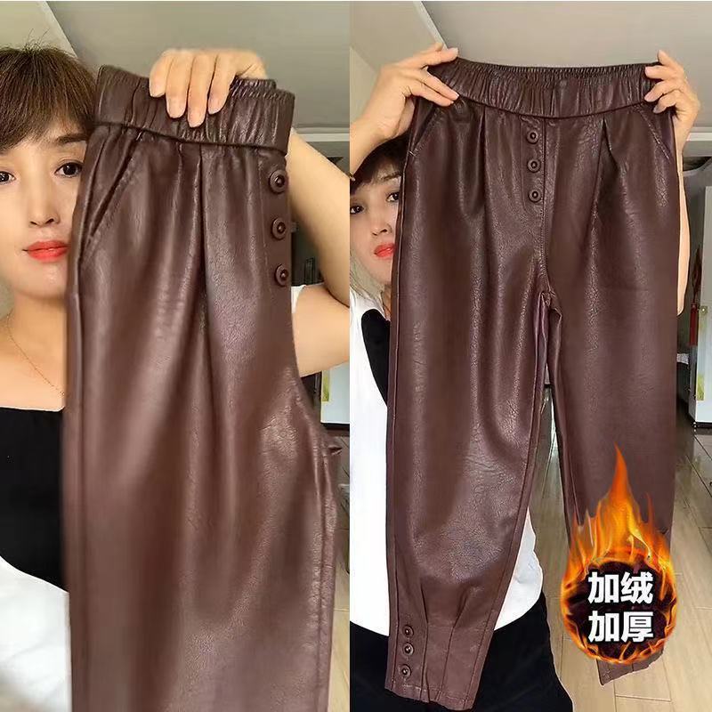 单/加绒2021新款pu皮裤女洋气休闲时尚束脚皮哈伦裤200斤胖妹妹女