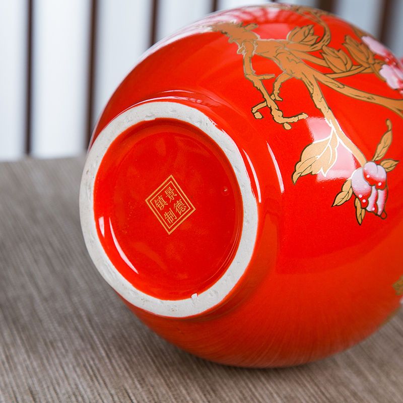 景德镇陶瓷器红色小花瓶摆件客厅插花器小瓷瓶结婚装饰品家居摆设|葫芦瓶(红色)PVC底座