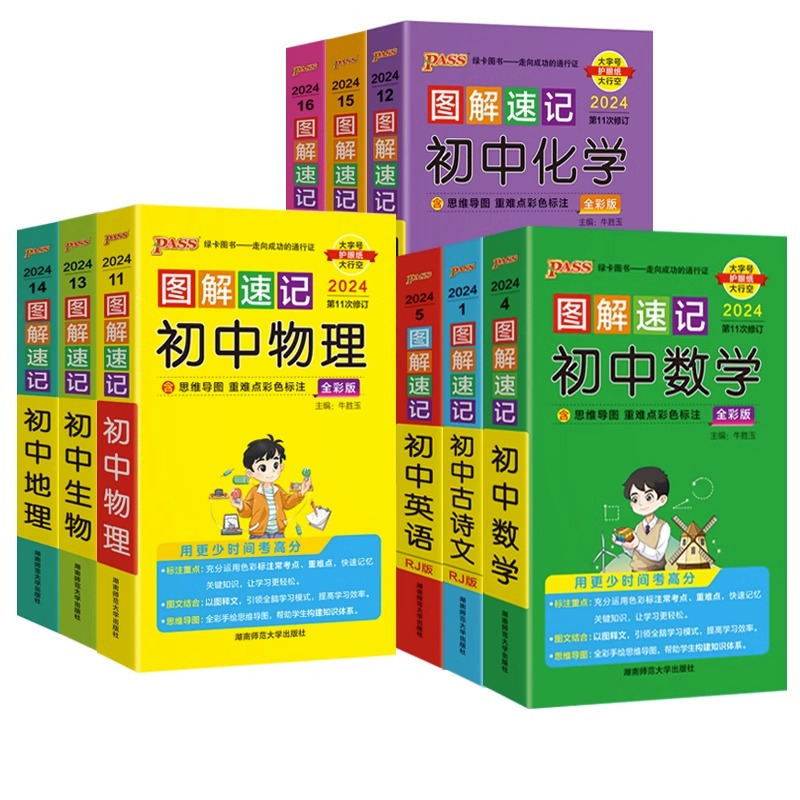 [八年级]语数英物政史地生8本 初中通用 [正版]2024版绿卡图书图解速记初中数理化图解速记初中古诗文英语词汇全彩版初