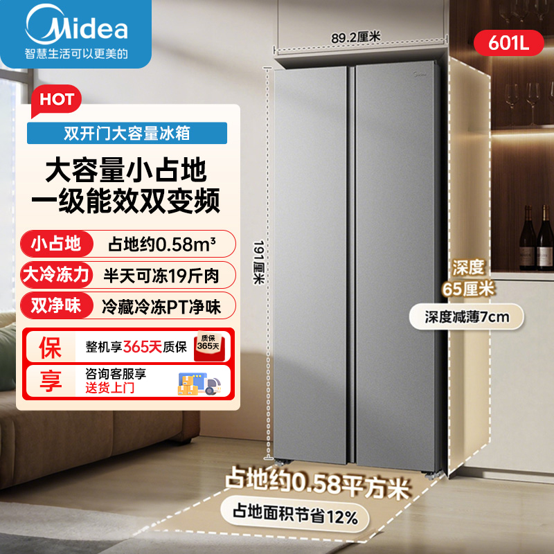 美的(Midea)601升双开门超大容量家用冰箱风冷无霜一级能效双变频节能大冷冻室双PT净味BCD-601WKPM(E)高清大图
